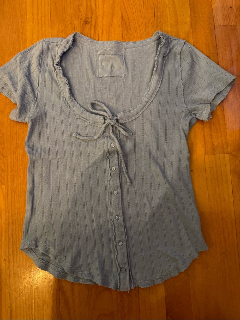 aerie Light Blue Ribbed Tie-Front Button Down Top